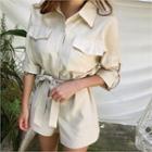 Half-placket Tap-sleeve Playsuit With Sash