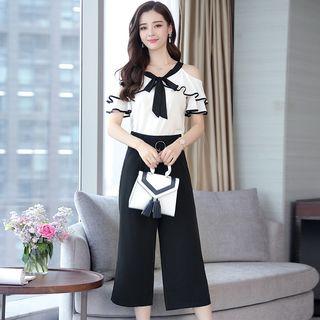 Set: Elbow-sleeve Cold Shoulder Top + Cropped Pants