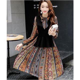 Set: Long-sleeve Patterned A-line Dress + Vest