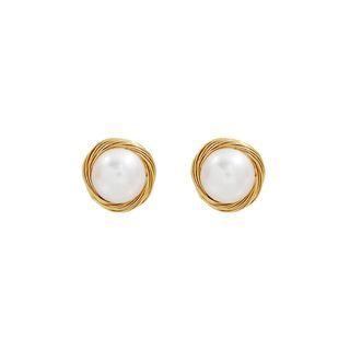 Simple And Fashion Plated Gold Geometric Round White Freshwater Pearl Large Stud Earrings Golden - One Size