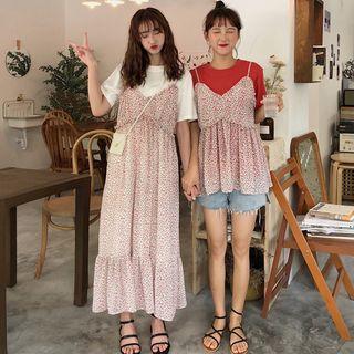 Plain Short-sleeve T-shirt / Floral Print Camisole Top / Spaghetti-strap Midi Dress