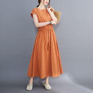 Drawstring Cap-sleeve Midi Shift Dress