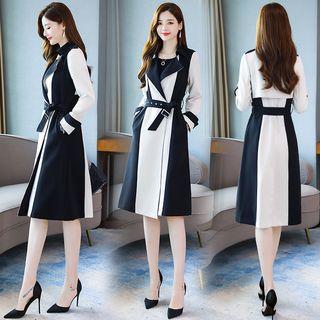 Two-tone Tie-waist Open Front Long Jacket