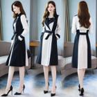 Two-tone Tie-waist Open Front Long Jacket
