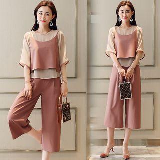 Set: Elbow-sleeve Top + Camisole Top + Wide Leg Pants