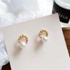 Faux Pearl Hoop Earring 1 Pair - Stud Earrings - Gold & White - One Size