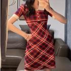 Plaid Short-sleeve Slim-fit Knit Dress As Shown In Figure - One Size