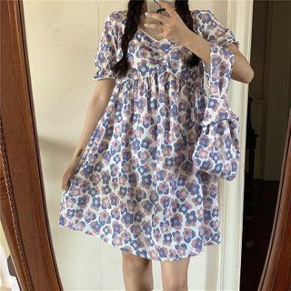 Set: Short-sleeve Floral Print A-line Mini Dress + Shopper Bag Flower - One Size
