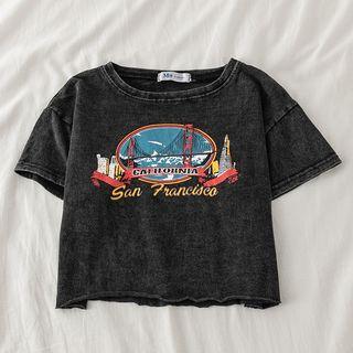 Cropped Short Sleeve Print T-shirt Black - One Size