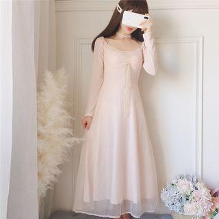 Long-sleeve Sheer Panel A-line Maxi Knit Dress