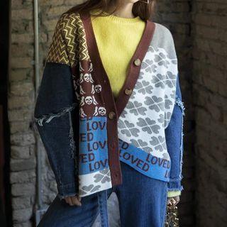 Patchwork V-neck Cardigan Coffee & Gray & White - One Size