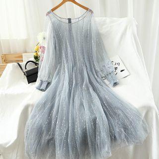 Set: Sequined Long-sleeve Midi Mesh Dress + Slipdress