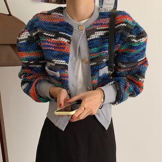 Color Panel Puff-sleeve Cropped Cardigan Red & Blue & Black - One Size