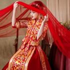 Set: Elbow-sleeve Phoenix Embroidered Chinese Wedding Cheongsam + Maxi Skirt + Headpiece + Earring