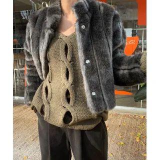 Snap-button Eco-fur Jacket Charcoal Gray - One Size