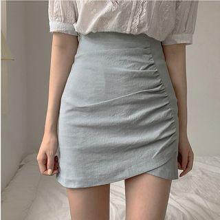 Lace Trim Short-sleeve Blouse / Shirred Mini Pencil Skirt