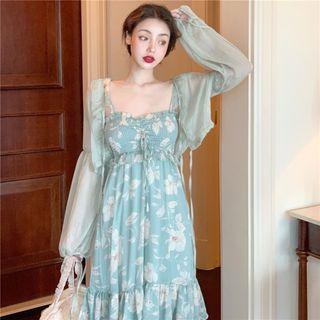 Sleeveless Ruffled Floral Printed Dress / Long-sleeve Drawstring Cardigan