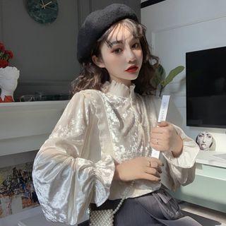 Bell-sleeve Mock-neck Velvet Blouse