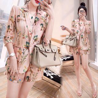 Set: Floral Print Blazer + Wide-leg Shorts