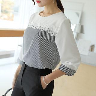 Lace-detail Striped-panel Top Navy Blue - One Size