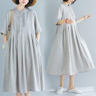 Elbow-sleeve Embroidered Stand Collar Midi A-line Dress