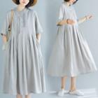Elbow-sleeve Embroidered Stand Collar Midi A-line Dress