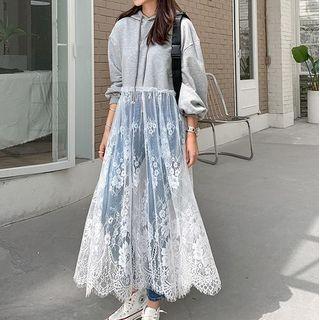 Lace Paneled Midi Hoodie Dress