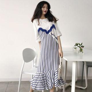 Elbow-sleeve Striped Ruffle Hem A-line Midi Dress