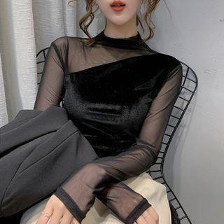 Long-sleeve Velvet Panel Mesh T-shirt