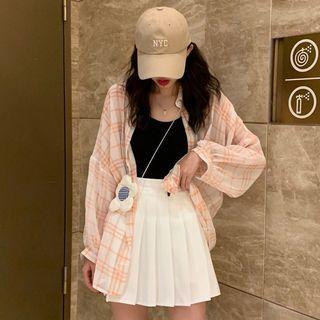 Plaid Shirt / High Waist Pleated Skirt