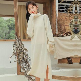 Turtleneck Long-sleeve Midi Sweater Dress Almond - One Size
