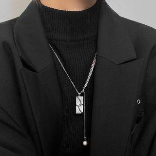 Tag Rhinestone Faux Pearl Pendant Alloy Necklace