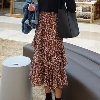 Floral Print Layered Midi Chiffon Skirt