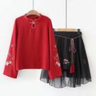 Floral Long-sleeve Top / A-line Skirt / Set