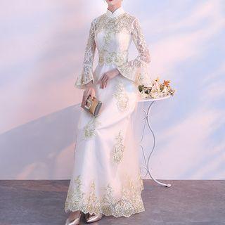 Embroidered Bell-sleeve Stand-collar Evening Dress