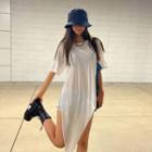 Deep-slit Diagonal-hem Long T-shirt