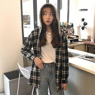 Plaid Buttoned Hooded Jacket Black - One Size