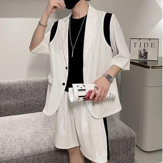 Set: Short-sleeve Striped Single Breasted Blazer + Shorts