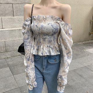 Printed Ruffle Trim Off-shoulder Cropped Blouse As Shown In Figure - One Size