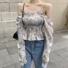 Printed Ruffle Trim Off-shoulder Cropped Blouse As Shown In Figure - One Size