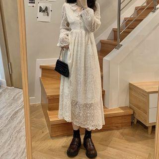 V-neck Lace Midi A-line Dress / Faux Leather Jacket