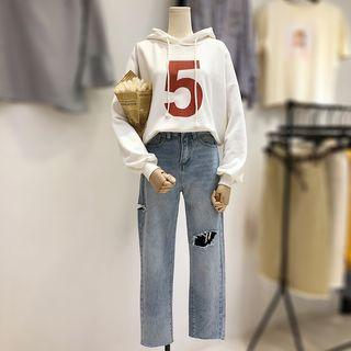 Set: Numbering Hoodie + Rip Straight Fit Jeans