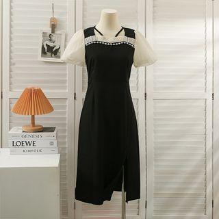 Patchwork Mesh-panel Slited Midi Dress