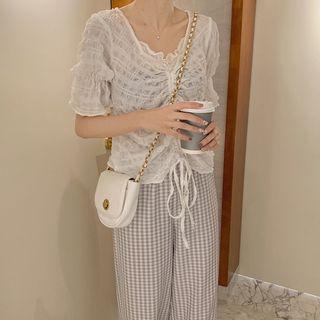 Drawstring Short-sleeve Blouse / Plaid Cropped Harem Pants