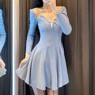 Long-sleeve Heart Embellished Mini A-line Dress Light Blue - One Size