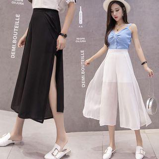 Slit Cropped Wide-leg Chiffon Pants