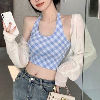 Halter Plaid Crop Top / Cardigan