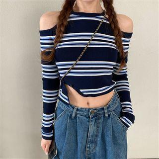 Long-sleeve Cold Shoulder Striped Top Stripes - Blue & White - One Size