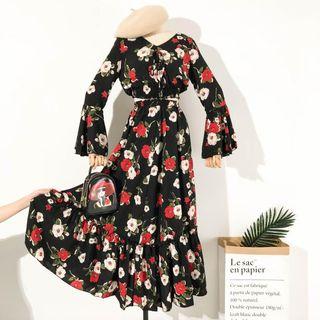 Set: Flower Print Long-sleeve Top + High Waist Midi Skirt