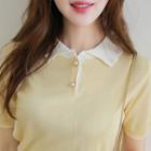 Contrast-collar Faux-pearl Button Knit Top